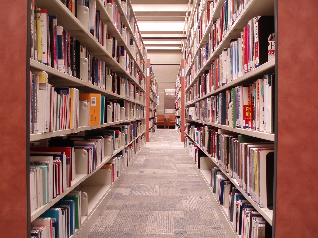 Estantería de una biblioteca con temarios y libros